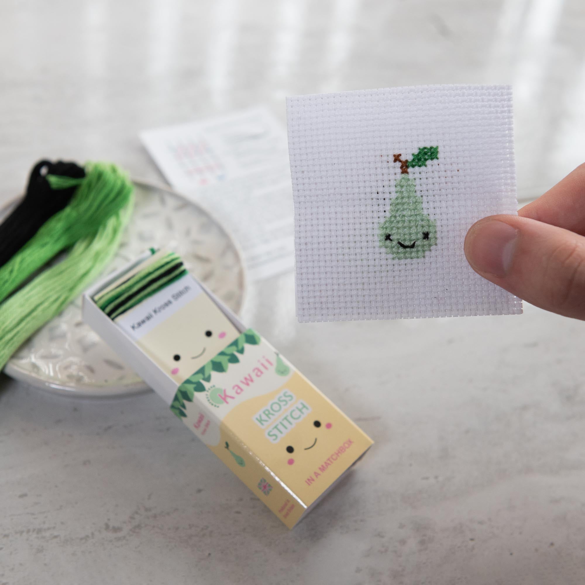 Mini Cross Stitch Kit With Kawaii Pear In A Matchbox