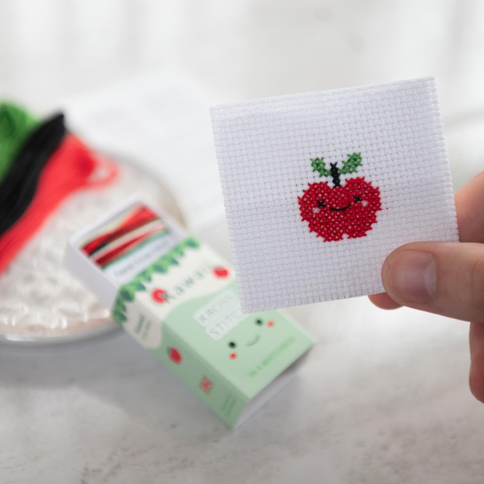 Mini Cross Stitch Kit With Kawaii Apple In A Matchbox