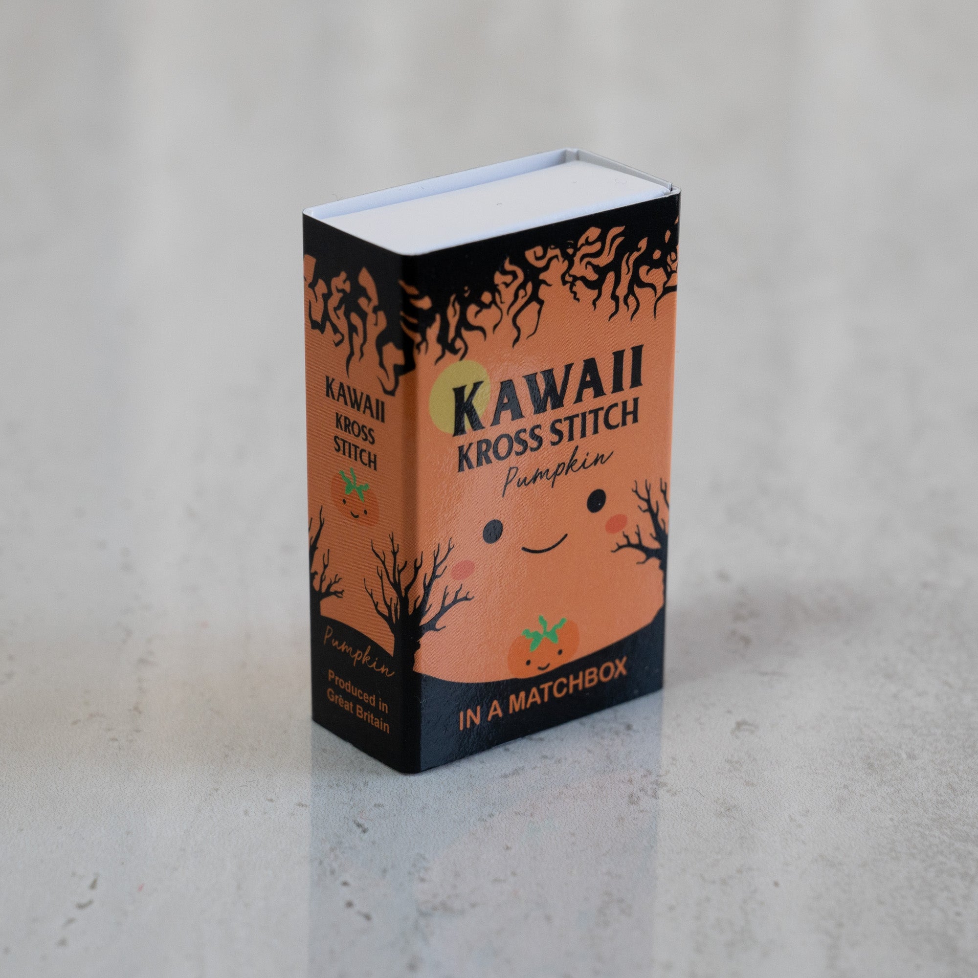 Mini Cross Stitch Kit With Kawaii Halloween Pumpkin In A Matchbox