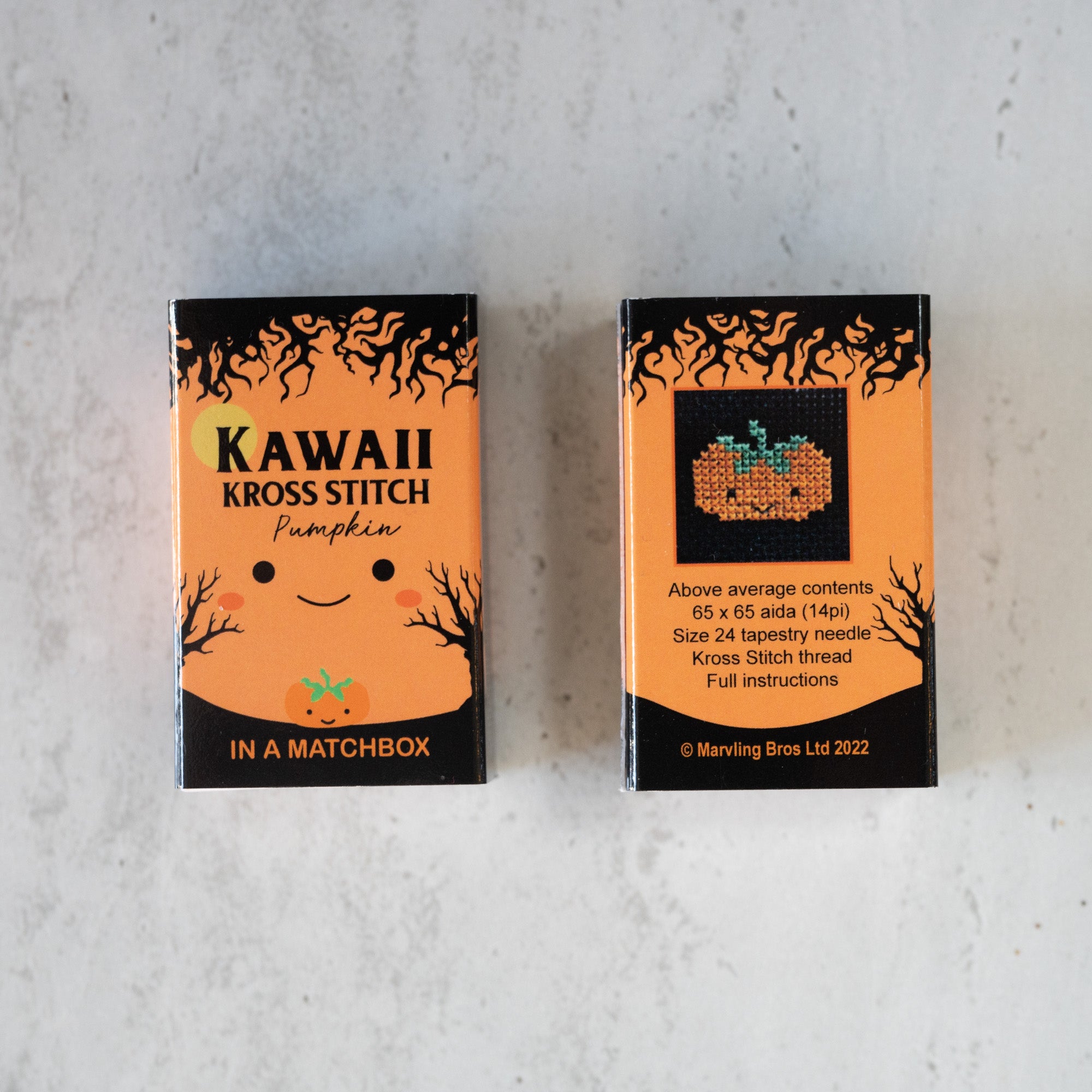 Mini Cross Stitch Kit With Kawaii Halloween Pumpkin In A Matchbox