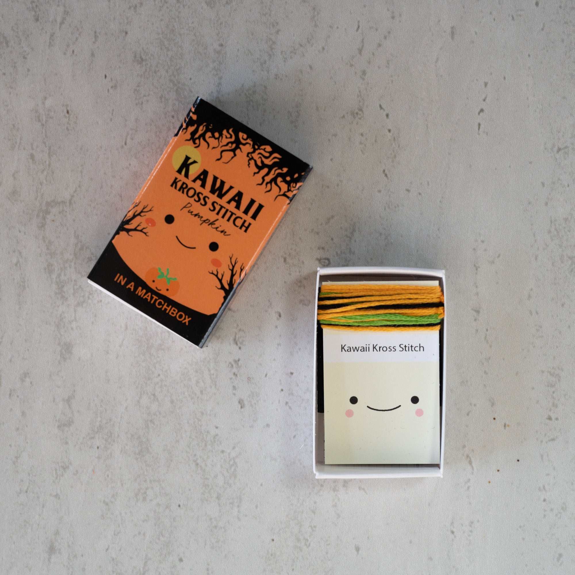 Mini Cross Stitch Kit With Kawaii Halloween Pumpkin In A Matchbox