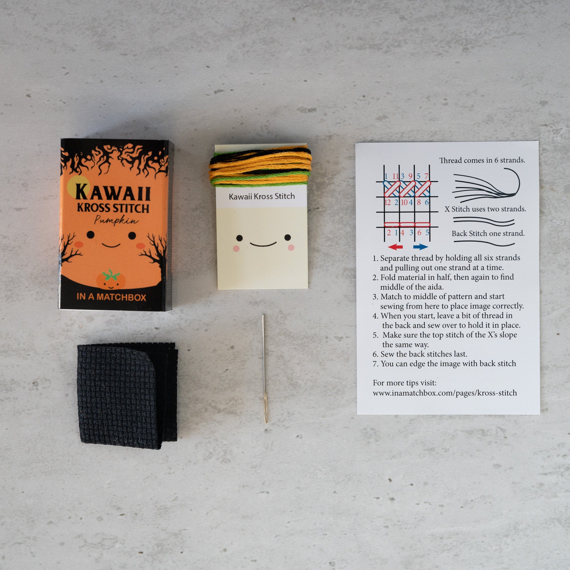 Mini Cross Stitch Kit With Kawaii Halloween Pumpkin In A Matchbox