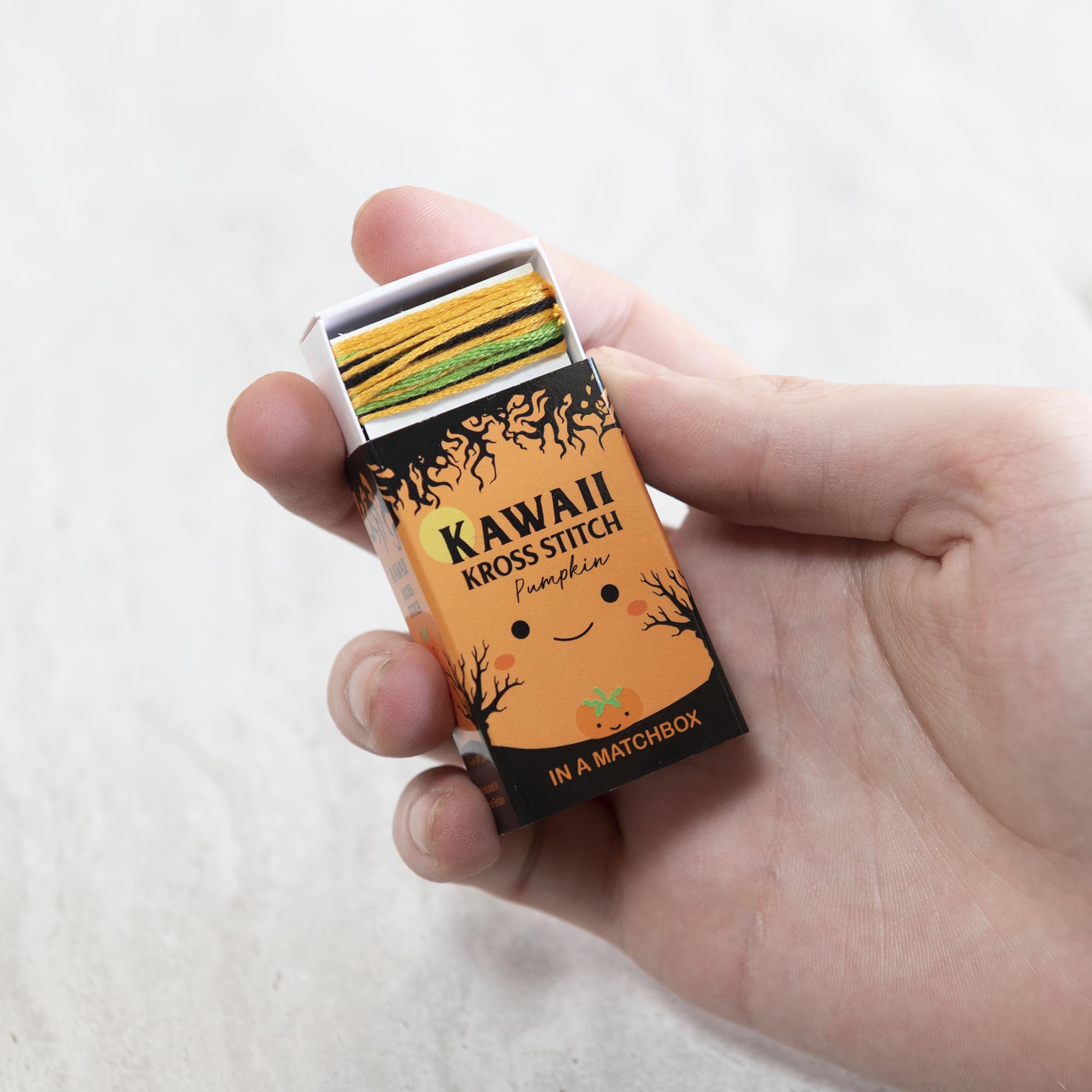Mini Cross Stitch Kit With Kawaii Halloween Pumpkin In A Matchbox