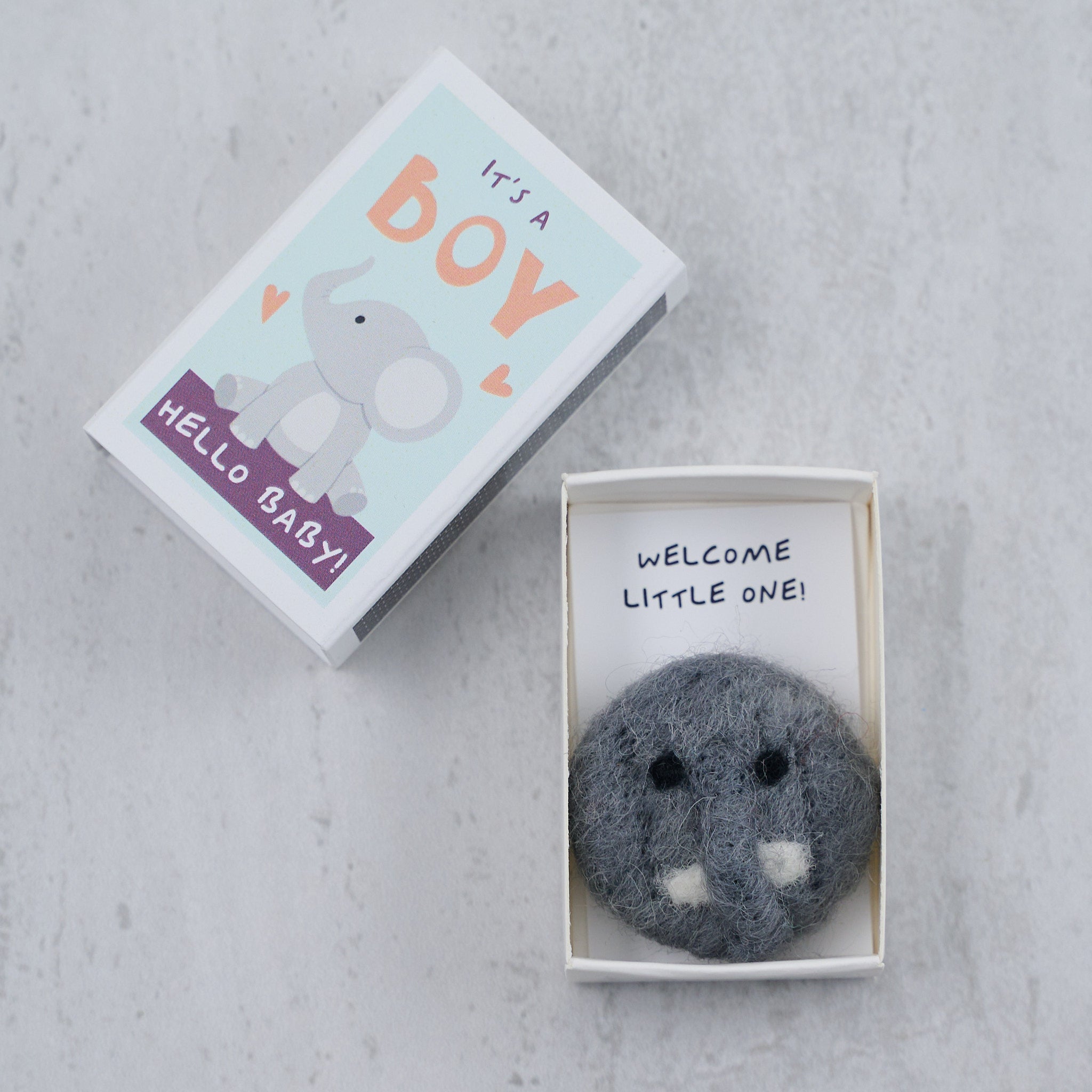 It’s A Boy Wool Felt Elephant In A Matchbox