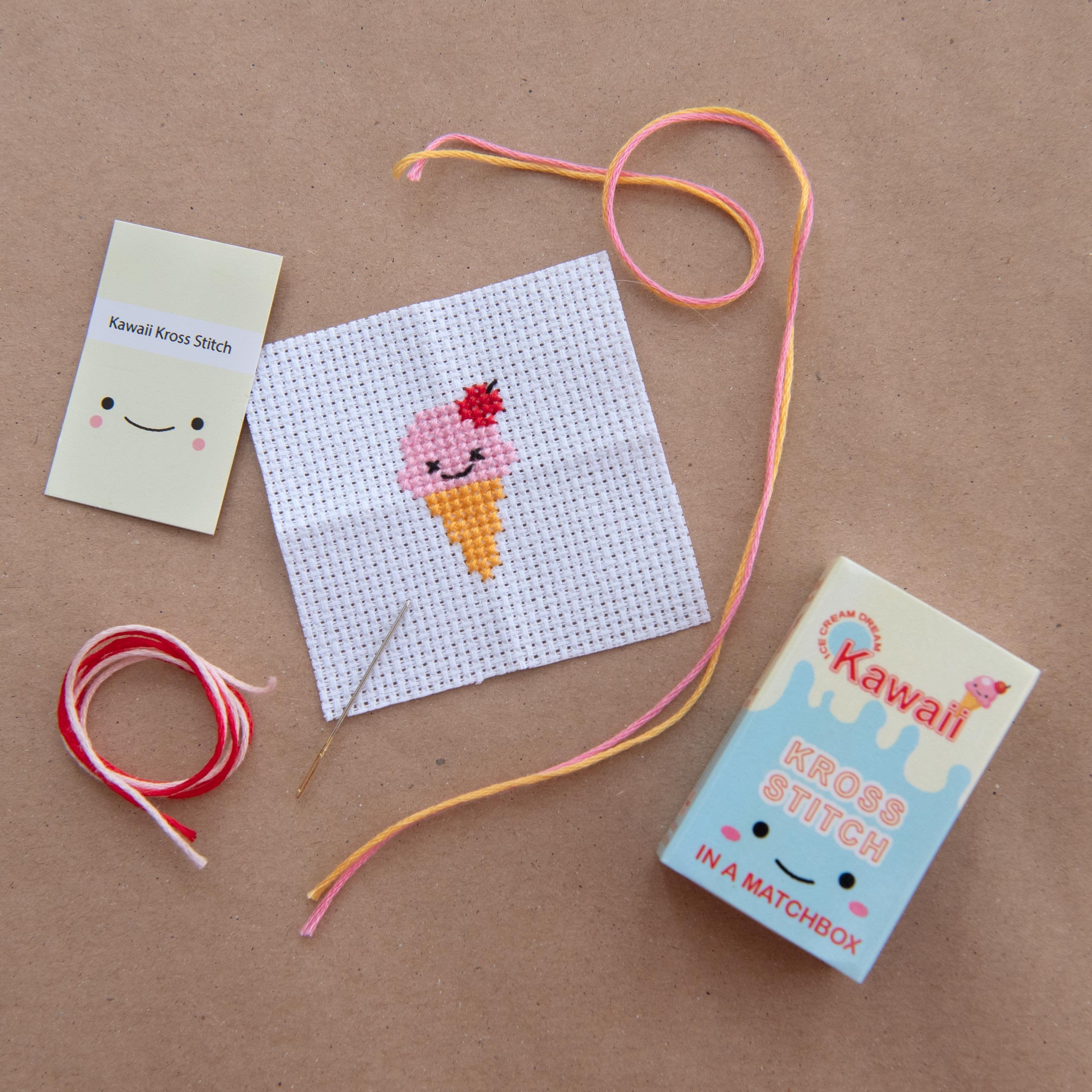 Mini Cross Stitch Kit With Kawaii Ice Cream In A Matchbox