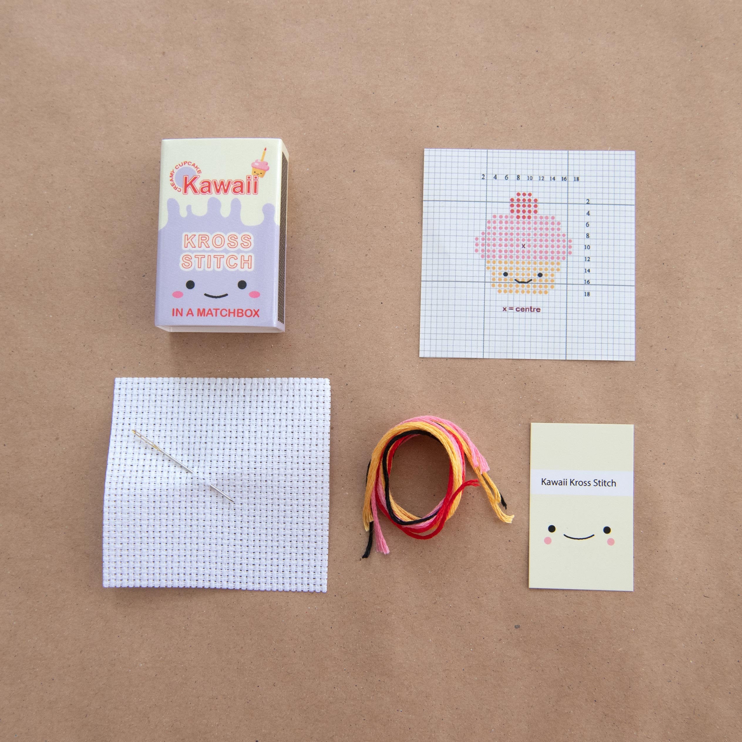 Mini Cross Stitch Kit With Kawaii Cup Cake In A Matchbox