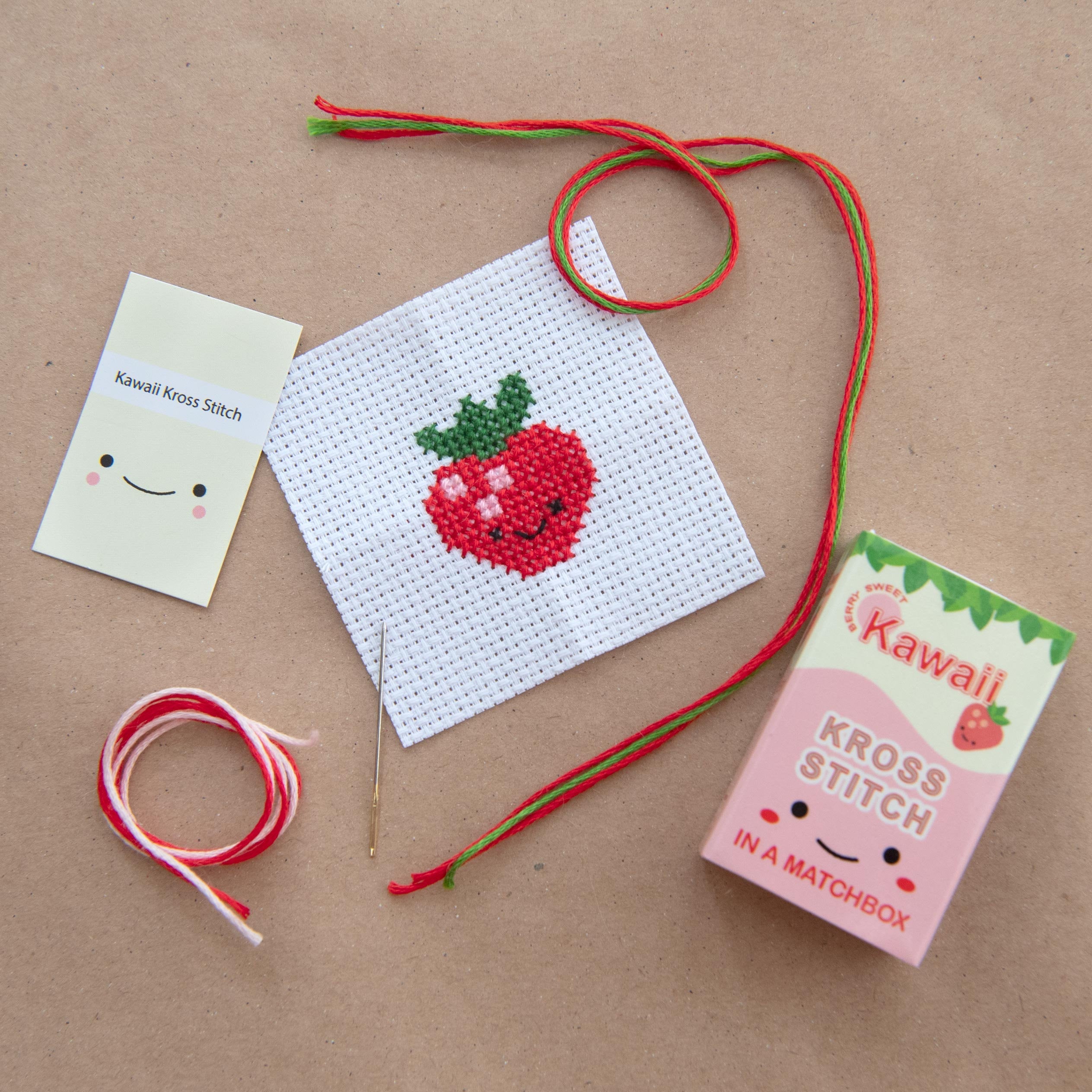 Mini Cross Stitch Kit With Kawaii Strawberry In A Matchbox