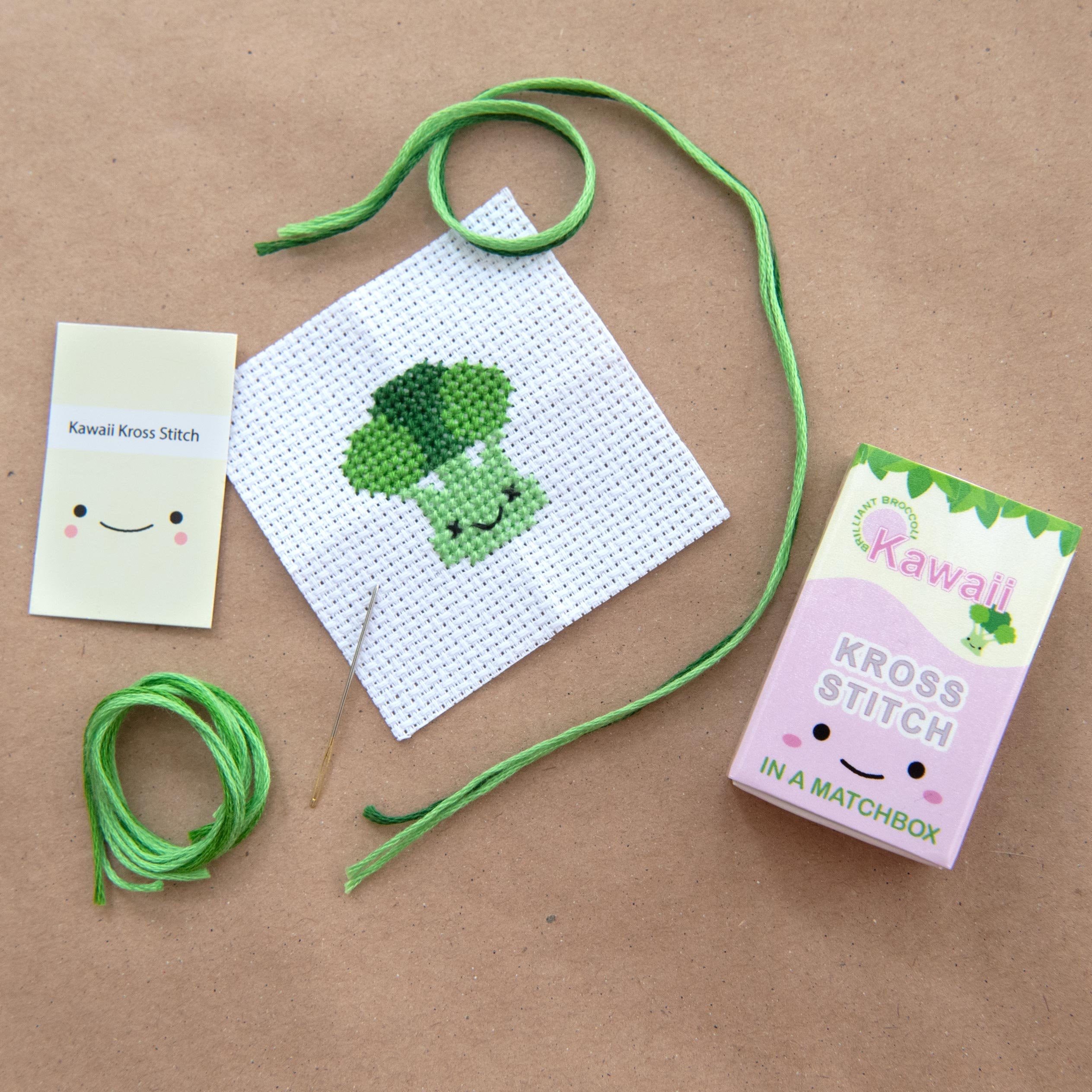 Mini Cross Stitch Kit With Kawaii Broccoli In A Matchbox