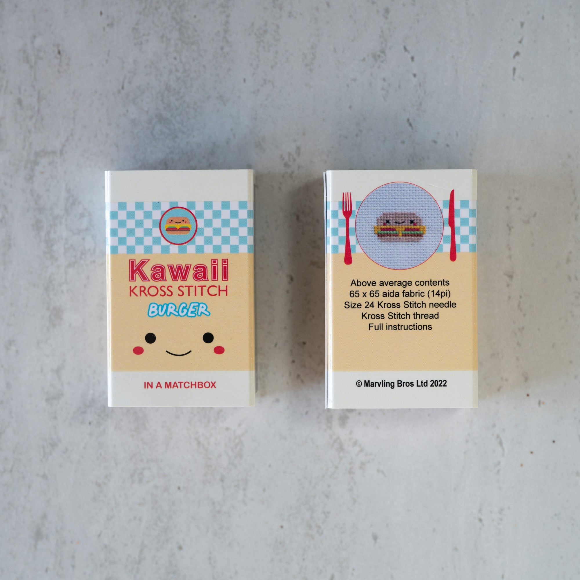 Mini Cross Stitch Kit With Kawaii Burger In A Matchbox
