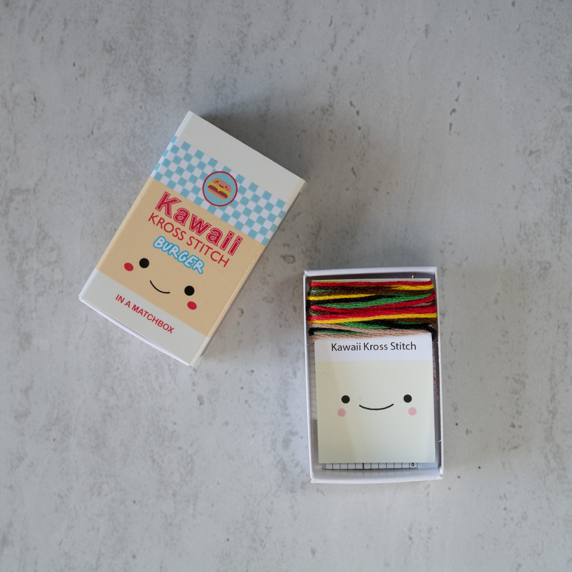 Mini Cross Stitch Kit With Kawaii Burger In A Matchbox