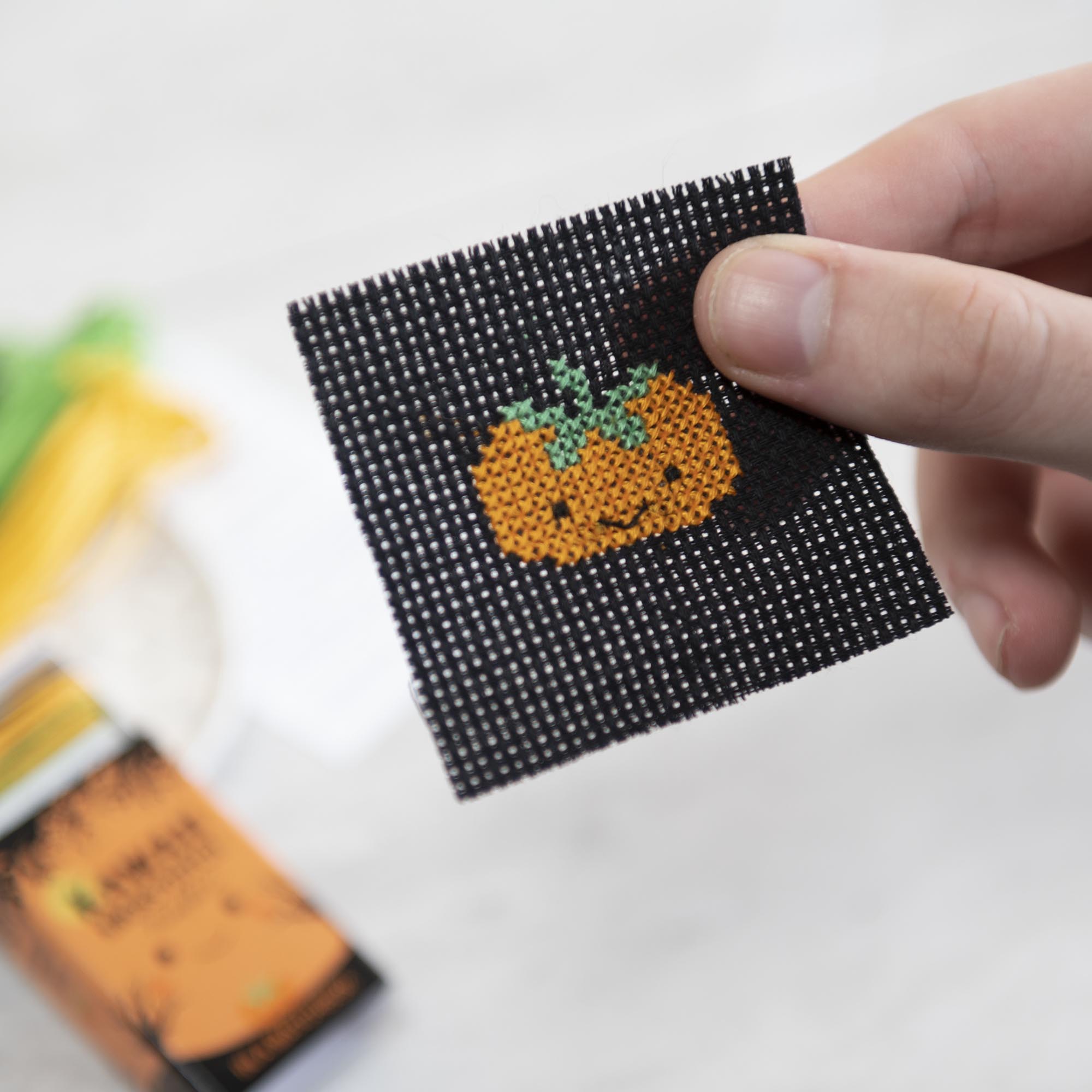 Mini Cross Stitch Kit With Kawaii Halloween Pumpkin In A Matchbox