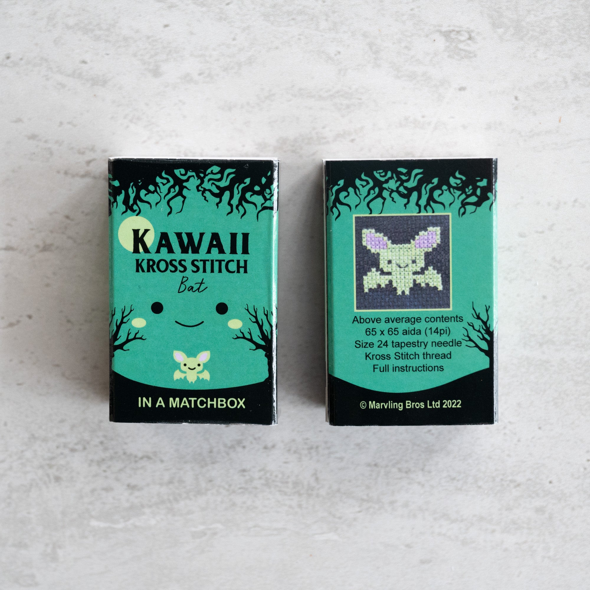 Mini Cross Stitch Kit With Kawaii Halloween Bat In A Matchbox