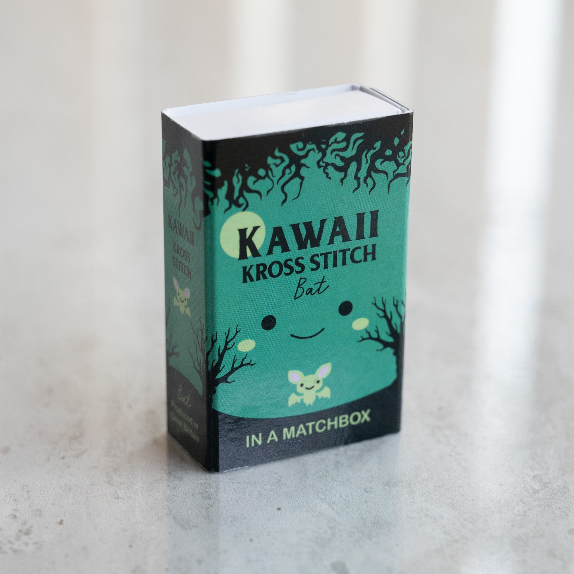 Mini Cross Stitch Kit With Kawaii Halloween Bat In A Matchbox